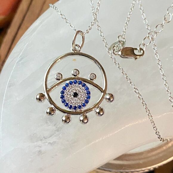 Evil Eye Sterling Silver CZ Blue Eyed Sapphire Necklace - Picture 5 of 6